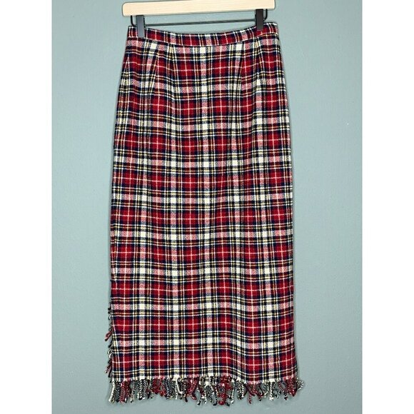 VTG Gruppo Americano Studio Women's 10 Wool Blend Plaid Fringe Long Wrap Skirt - Picture 2 of 13